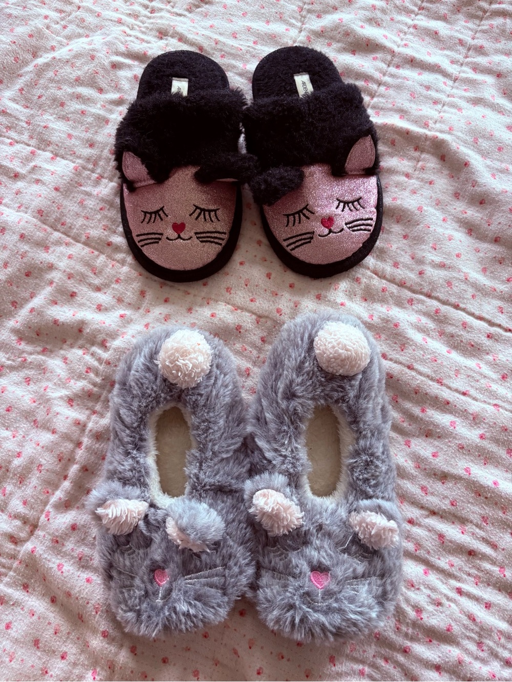 Kids Plush Bunny and Cat Slippers - Gray and Pink
